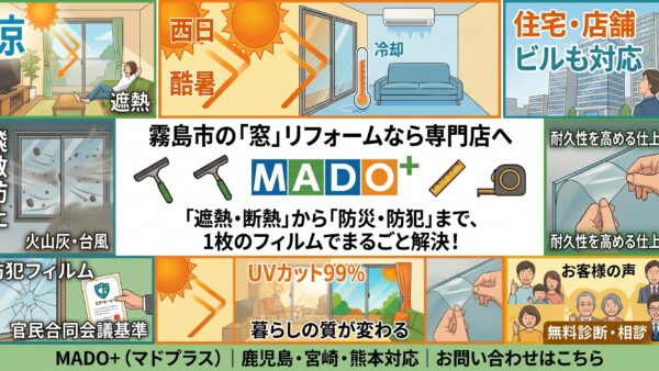 霧島市で窓ガラスフィルムをお探しならMADO+｜西日・火山灰・台風から家族を守る「最強の窓対策」完全ガイド