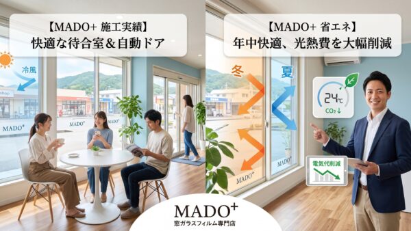 【電気代削減・省エネ】店舗の窓ガラス断熱・遮熱フィルム施工実績！自動ドア周辺の底冷えと待合室の暑さを同時に解決する方法